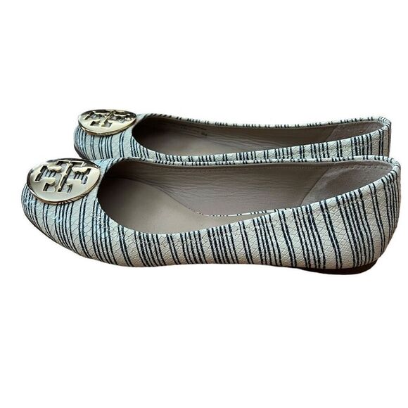 Tory Burch Reva Stripe Ballet Flat Beige Blue Snakeskin Size 8 - Picture 5 of 9